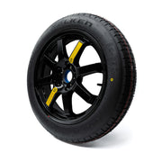 EZ Spare 17-inch black alloy wheel featuring a T145/80D17 compact spare tire, shown from a side angle with a gloss black finish.