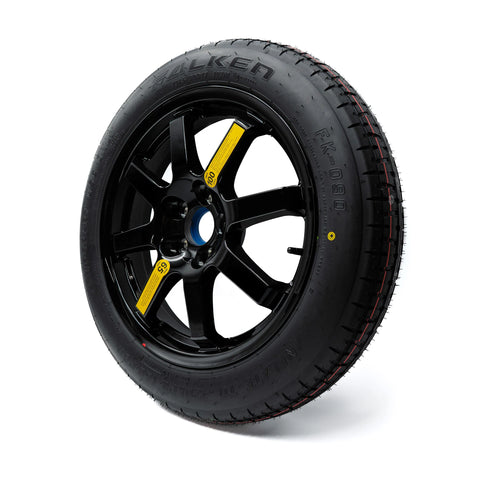 EZ Spare 17-inch black alloy wheel featuring a T145/80D17 compact spare tire, shown from a side angle with a gloss black finish.