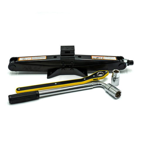 EZ Spare 2.5 Ton Scissor Jack Kit – Includes jack, ratcheting handle, and lug wrench socket for efficient roadside tire changes.