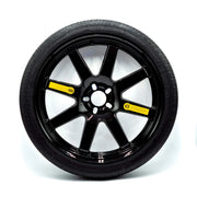 EZ Spare Wheel 20-inch universal compact spare tire with black alloy rim, temporary-use tire, and safety warning labels for emergency replacement