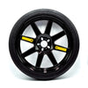 EZ Spare Wheel 20-inch universal compact spare tire with black alloy rim, temporary-use tire, and safety warning labels for emergency replacement