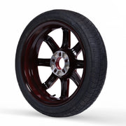 Back view of a 20-inch EZ Spare wheel featuring a glossy burgundy rim with a multi-spoke design and central locking hub, paired with a durable black tire, set against a neutral background