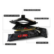 EZ Spare 2.5 Ton Scissor Jack Kit – Raised position with telescoping lug wrench and four-size hex socket. Lifts up to 5,000 lbs with 4.5 to 17 inch range.