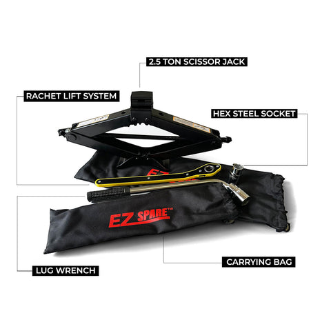 EZ Spare 2.5 Ton Scissor Jack Kit – Raised position with telescoping lug wrench and four-size hex socket. Lifts up to 5,000 lbs with 4.5 to 17 inch range.