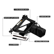 EZ Spare 3 ton scissor jack kit with storage bag, sockets, and lug wrench – part #T1003TON