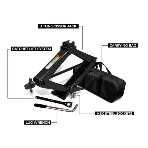 EZ Spare 3 ton scissor jack kit with storage bag, sockets, and lug wrench – part #T1003TON