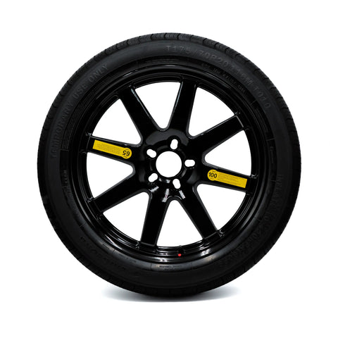 The 20-inch EZ Spare Wheel features a tire size of 175/70R20 and has a gloss black alloy finish. It is compatible with most makes and models of vehicles and is designed for temporary emergency use.