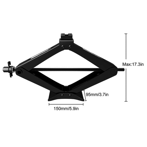 Black scissor car jack with a maximum height of 17.3 inches, base width of 5.9 inches, and saddle width of 3.7 inches, designed for a 3-ton vehicle lifting capacity.