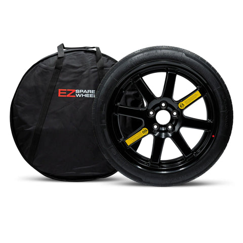 Tesla Model 3 spare tire kit with EZ Spare Wheel, T125/80R18 tire and carrying bag.