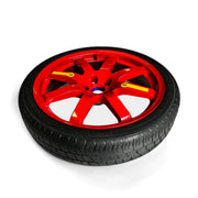 20-inch spare wheel with a high-performance tire and a striking red alloy rim, designed for quick and stylish emergency replacement, showcased on a white gradient background